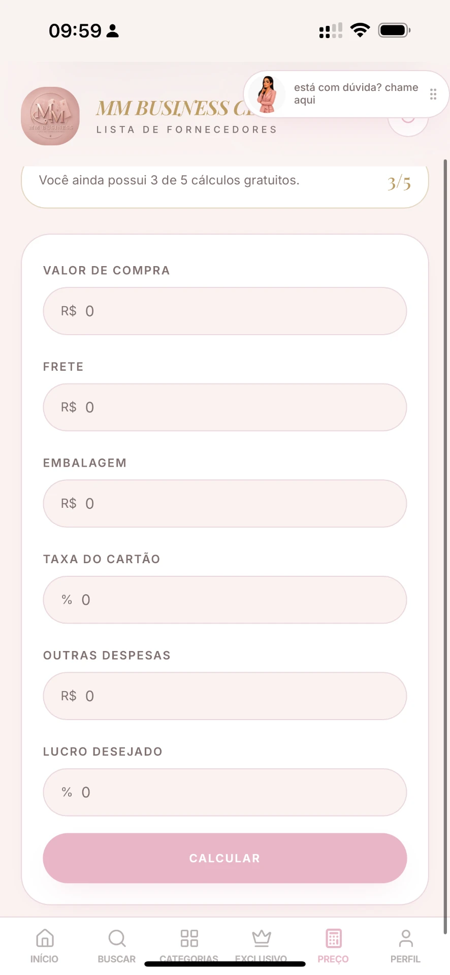 Calculadora de precificação do MM Business Club
